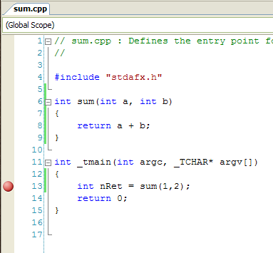 Modify the code in such a way and put a breakpoint on line 13
